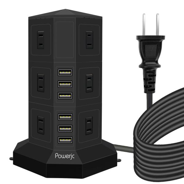 POWERJC タワー式電源タップ3層縦コンセント 12ACスマート高速充電雷ガード 過負