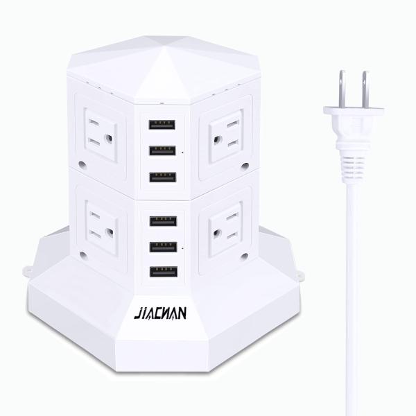 JIACHAN タワー式電源タップ2層縦コンセント 8ACスマート高速充電雷ガード 過負