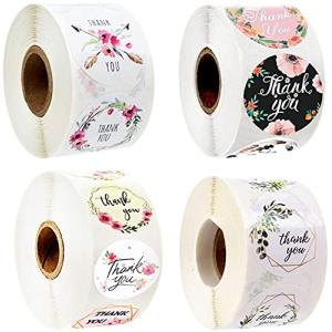 2000枚 感謝 シール ギフトシール, BetterJonny 4ロール サンキューステッカー Thank you ラベル フラワーズ ステッカー