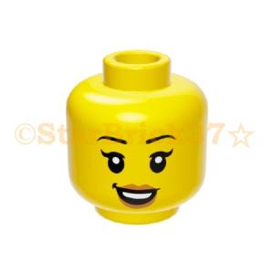 レゴ LEGO パーツ ばら売り #3626cpb2381 ミニフィグヘッド：イエロー(黒い眉毛とピーチリップのニヤリ笑顔の女性顔)｜starbrick37-lego