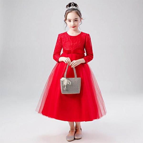 子供 ドレス 長袖 フォーマル キッズ ジュニア 袖あり 発表会 赤 110 1 130 140 1...