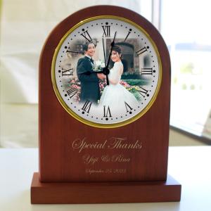 メモリアルウェディング アーチ型木製置時計 写真 時計
