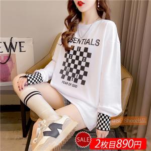 Tシャツ レディース 長袖 秋 トップス カットソー 大きいサイズ ゆったり 切り替え 配色 英字柄 チェック柄 裏起毛 クルーネック カジュアル  新作