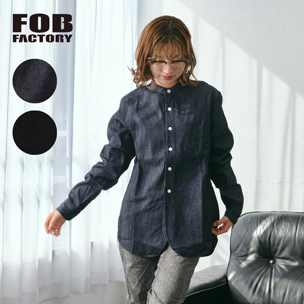 エフオービーファクトリー FOB FACTORY 長袖 デニム バンドカラーシャツ ロングスリーブ ...