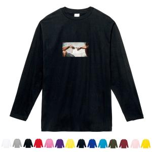 【スモールアートTシャツ】ミケランジェロ・ブオナローティ Tシャツ アダムの創造フォーカス アート 長袖 ロンT メンズ レディース 大きいサイズ 絵画 黒｜stayblue