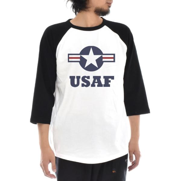 USAF マーク ラウンデル ロゴ Tシャツ ラグラン 七分袖 3/4 メンズ レディース ティーシ...
