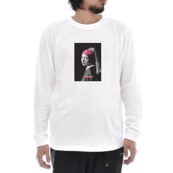 フェルメール Tシャツ 真珠の耳飾りの少女 モノクロレッド 長袖 ロンT ロングスリーブ メンズ レ...
