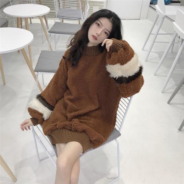 即納　ツートンカラー　袖ファー　可愛い　ゆるふわ　プードルファー　ロング丈　チュニック　ミニワンピ　...