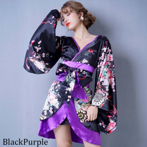 即納　セール　帯付　セクシー　胸元 深Vカット　大胆　背中魅せ　純和風　和柄　着物風　ミニドレス　よ...