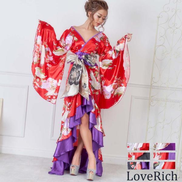 即納　送料無料　豪華絢爛　帯付　セクシー　胸元　深Vカット　大胆　背中魅せ　純和風　和柄　着物風　振...