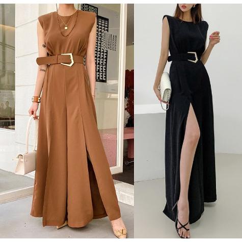 即納　セール　バックルベルト付　大胆スリット　スタイリッシュ　トールサイズ　オールインワン　ワイドパ...