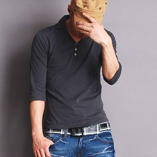 ピグメント7分袖スキッパーヘンリーネックポロシャツ