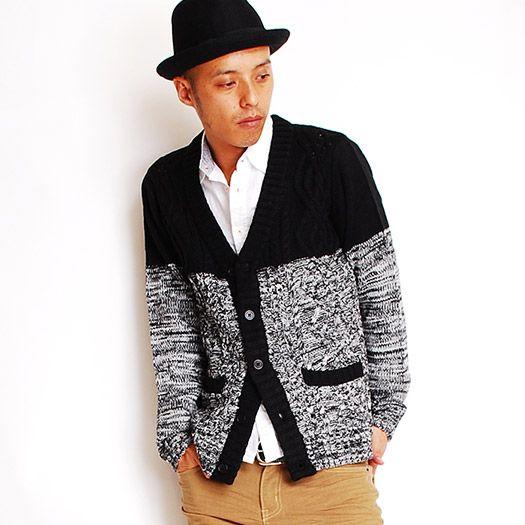 カーディガン Vネックバイカラーミックスニットカーディガン