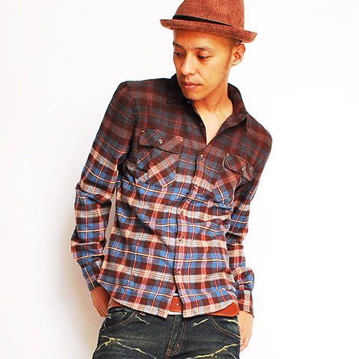 長袖シャツ グラデーションチェックネルシャツ