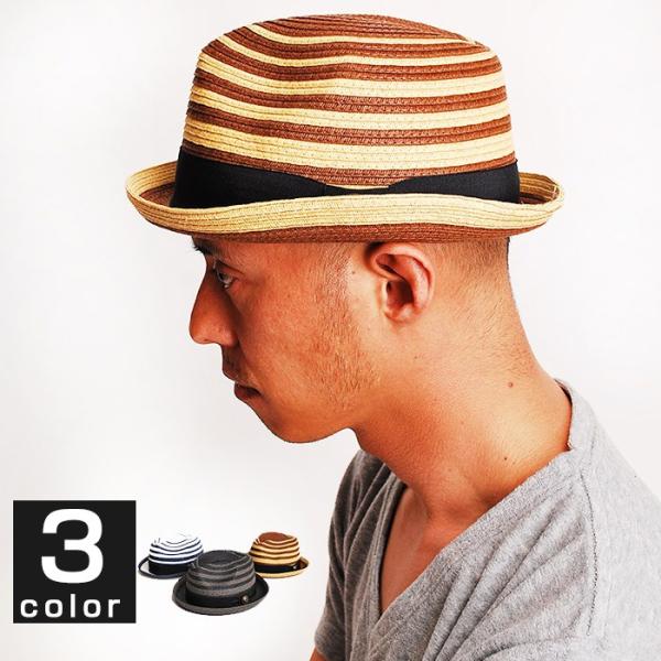 ハット HAT ボーダーストローハット メンズ 中折れハット
