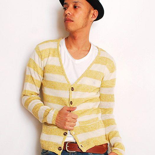 綿麻ボーダーVネックカーディガン メンズ