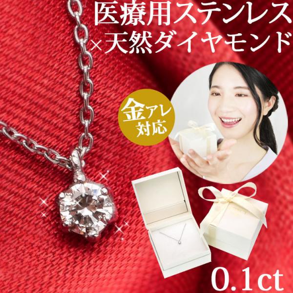 ネックレス レディース シンプル 金属アレルギー対応 0.1ct 天然ダイヤ サージカルステンレス ...