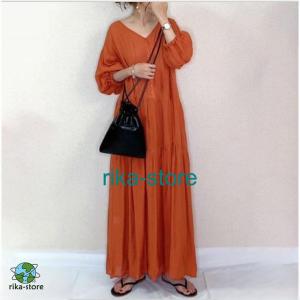 マキシワンピース レディース 秋 ロング丈 vネック オレンジ