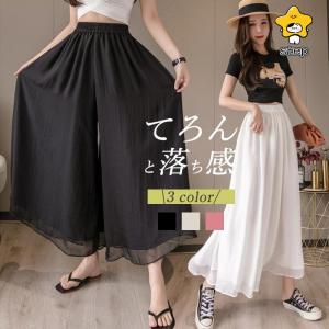スカーチョ ワイドパンツ ガウチョパンツ スカンツ レディース フレアパンツ ロング丈 シフォン ウエストゴム 着痩せ 体型カバー ゆったり 春 夏｜step1