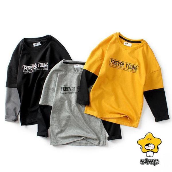 長袖Tシャツ 男の子 秋 Tシャツ 偽二枚 カットソー 春 クルーネック Tシャツ コットン 子ども...