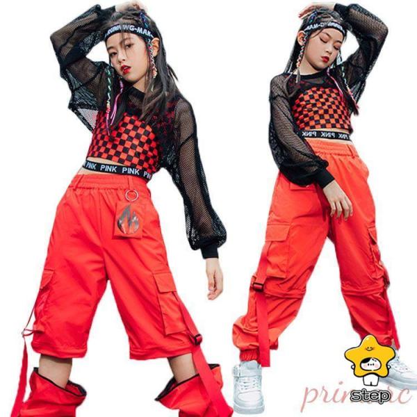 キッズ ダンス衣装 赤 カーゴパンツ へそ出し チェック柄 黒 ヒップホップ トップス シャツ タン...