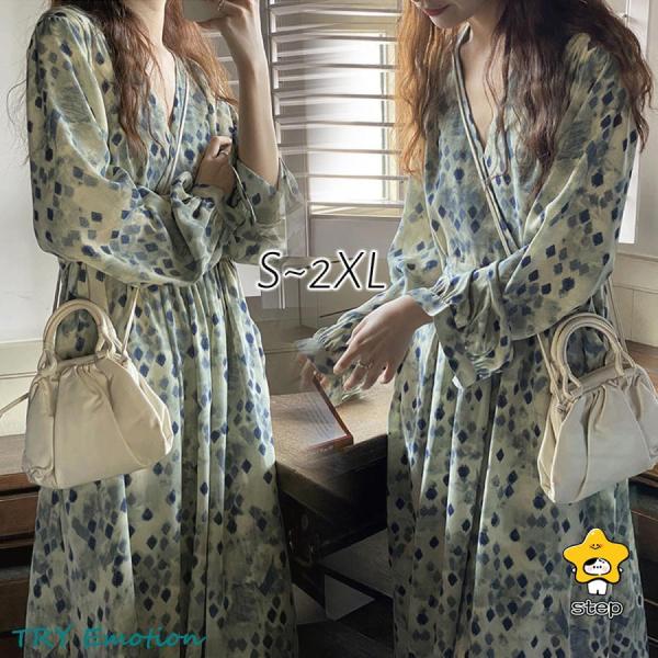 ワンピース ロング 夏半袖 花柄フレンチ Vネック ロング フレアマキシ丈 シフォン 韓国 ゆったり...