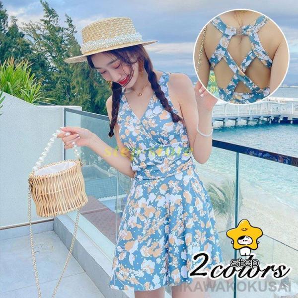 水着 レディース ワンピース水着 サロペット 花柄 夏 おしゃれ 小胸 ママ水着 バンドゥ 日焼け防...