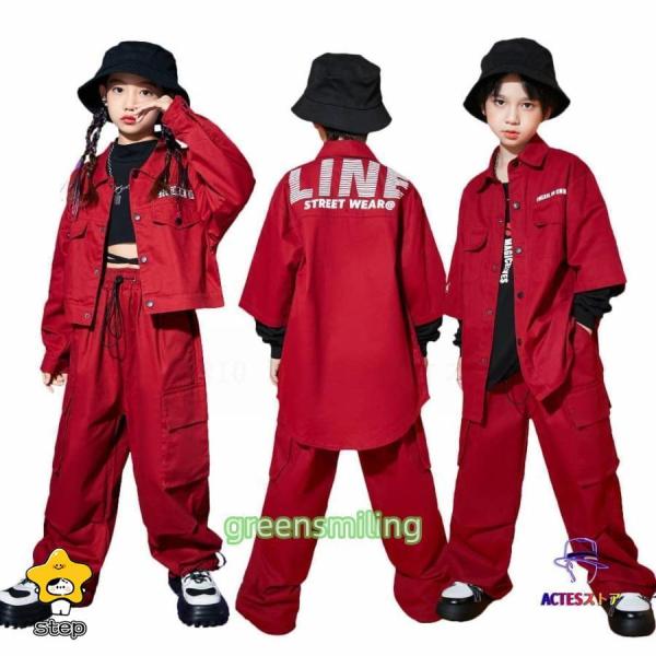 韓国 子供服 ダンス 衣装 キッズ ヒップホップ 赤 ジャケット カーゴパンツ ヒップホップ キッズ...