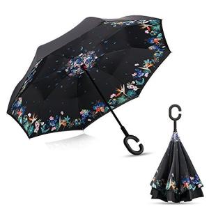 Chiasa 逆さ傘 長傘 さかさま傘 逆折り式傘 逆転傘 UVカット 晴雨兼用 手離れC型手元 耐風傘 撥水加工 ビジネス用車用 自立傘 二重傘 (