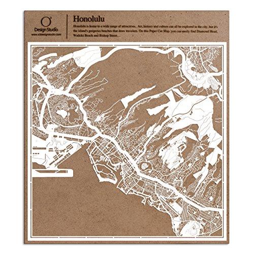 ホノルル切り絵地図、白、30x30センチ、オリジナルデザインペーパーアート、アイデアギフト