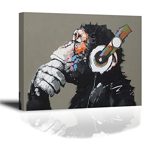 『音楽を聴いている猿』キャンバス絵画 バンクシー 現代の動物装飾画 チンパンジー 落書きPIY PA...