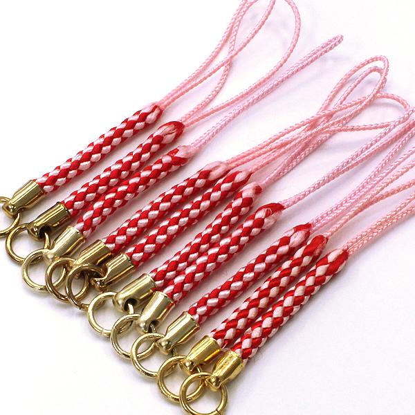 ストラップパーツ 根付紐 ライトピンク×赤 10本 カン付 紐 根付け紐