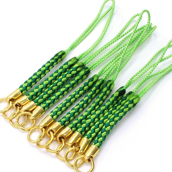 ストラップパーツ 根付紐 ライトグリーン×緑 10本 カン付 紐 根付け紐