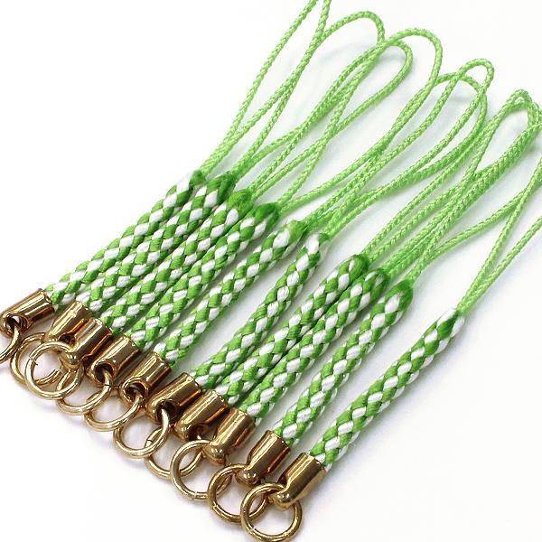 ストラップパーツ 根付紐 ライトグリーン×白 10本 カン付 紐 根付け紐