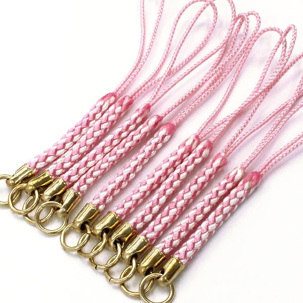 ストラップパーツ 根付紐 ライトピンク×白 10本 カン付 紐 根付け紐