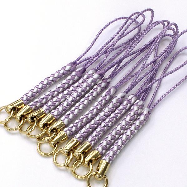 ストラップパーツ 根付紐 藤色×白 10本 カン付 紐 根付け紐