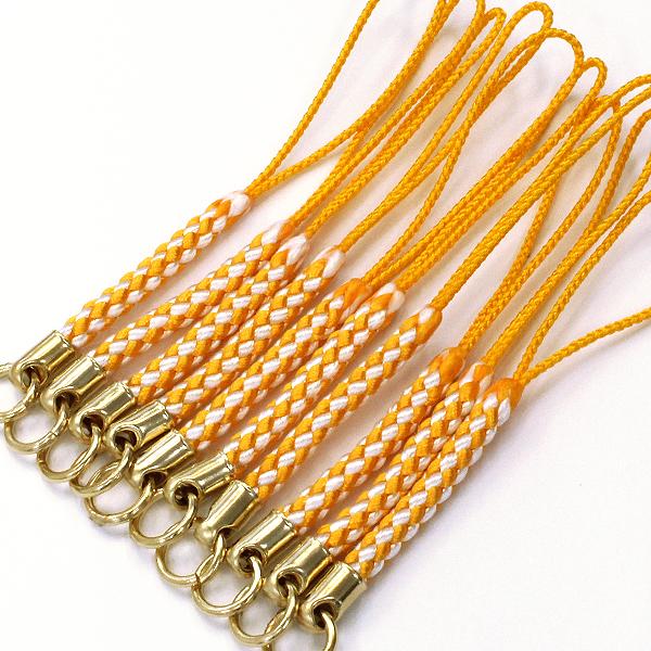 ストラップパーツ 根付紐 山吹×白 10本 カン付 紐 根付け紐