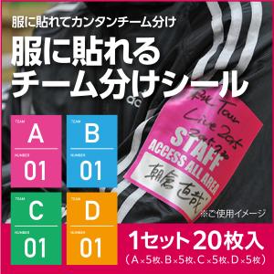 服に貼れるチーム分けシール 1セット20枚入 ４種各５枚 サテンシール パスシール 布シール チーム分け便利アイテム 色違いシール 油性ペンで描き入れ