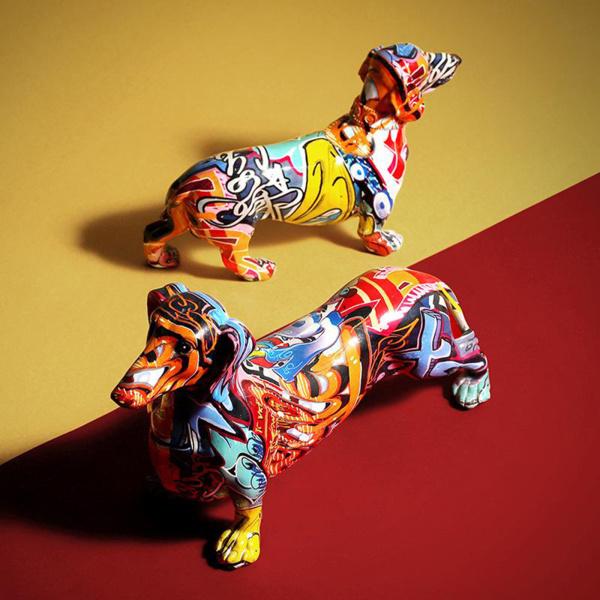 2x北欧塗装のカラフルなダックスフント犬の置物彫刻像の装飾