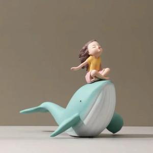 女の子のクジラの置物樹脂彫刻工芸品ホームデスクトップの装飾飾りギフト座って