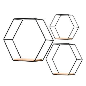 モダンヘキサゴンアイアンウォールシェルフディスプレイフローティングシェルフブラック3個セット