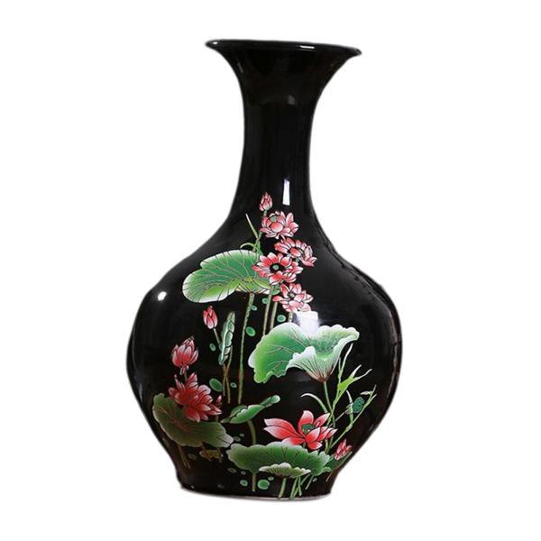 ブラック セラミック花瓶 ロータス パターン クラフト シャープリー グレーズ ブックシェルフ キャ...