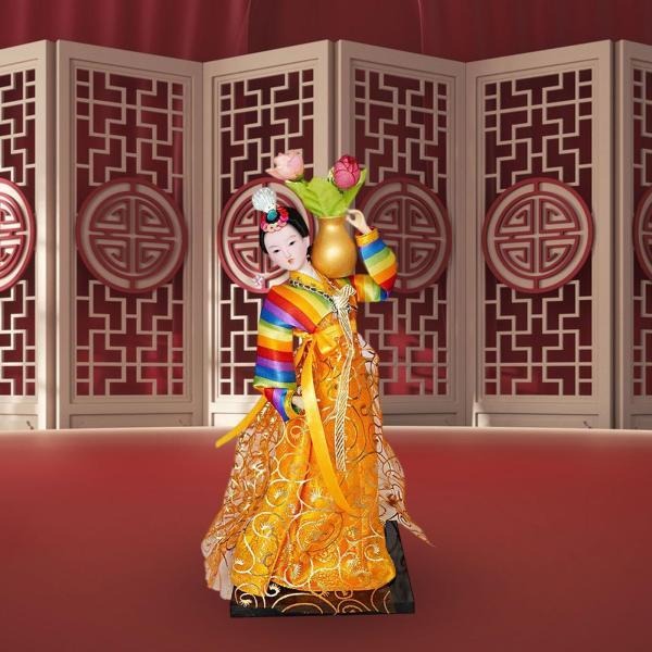 韓国芸者の置物 12 インチ自立式韓服人形ミニチュアレディフィギュアカラフルとオレンジ
