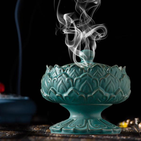 蓮の形のセラミック香炉ホルダー 蓋飾り付き アジアン スタイル グリーン