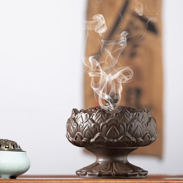 蓮の形のセラミック香炉ホルダー 蓋飾り付き アジアンスタイル ブラウン
