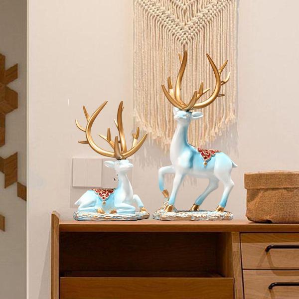2 個のカップルヘラジカ樹脂像トナカイ彫刻キャビネット装飾鹿の置物ライトブルー