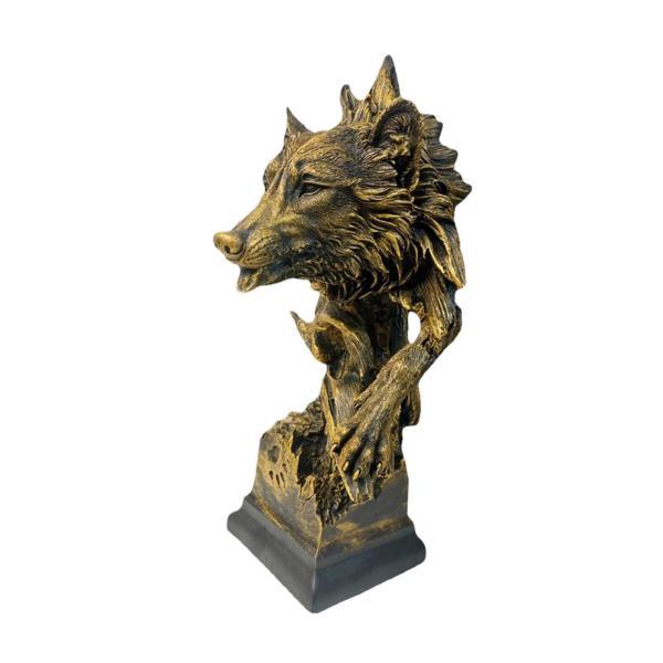 オオカミの頭の彫刻工芸品レトロ樹脂動物の頭ホテルバーリビングルーム L ゴールド
