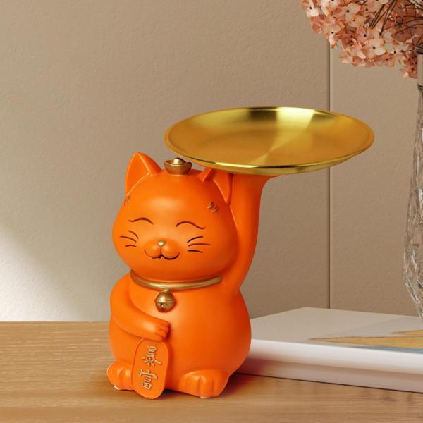動物収納ボックス彫刻サービングトレイオーナメント樹脂猫像置物オレンジ