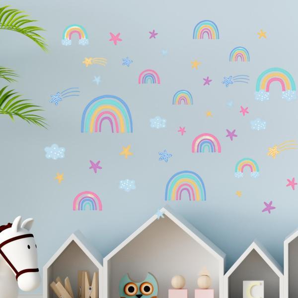 虹の雲の星のウォールステッカー 蛍光壁画 暗闇で光る PVC 漫画壁デカール 寝室 子供部屋用 かわ...
