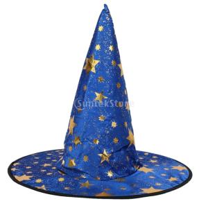 魔女の帽子 魔女ハット コスプレ 変身 仮装 衣装 スター柄 ウィザード ハロウィン 子供用 7色選べる - ブルー
